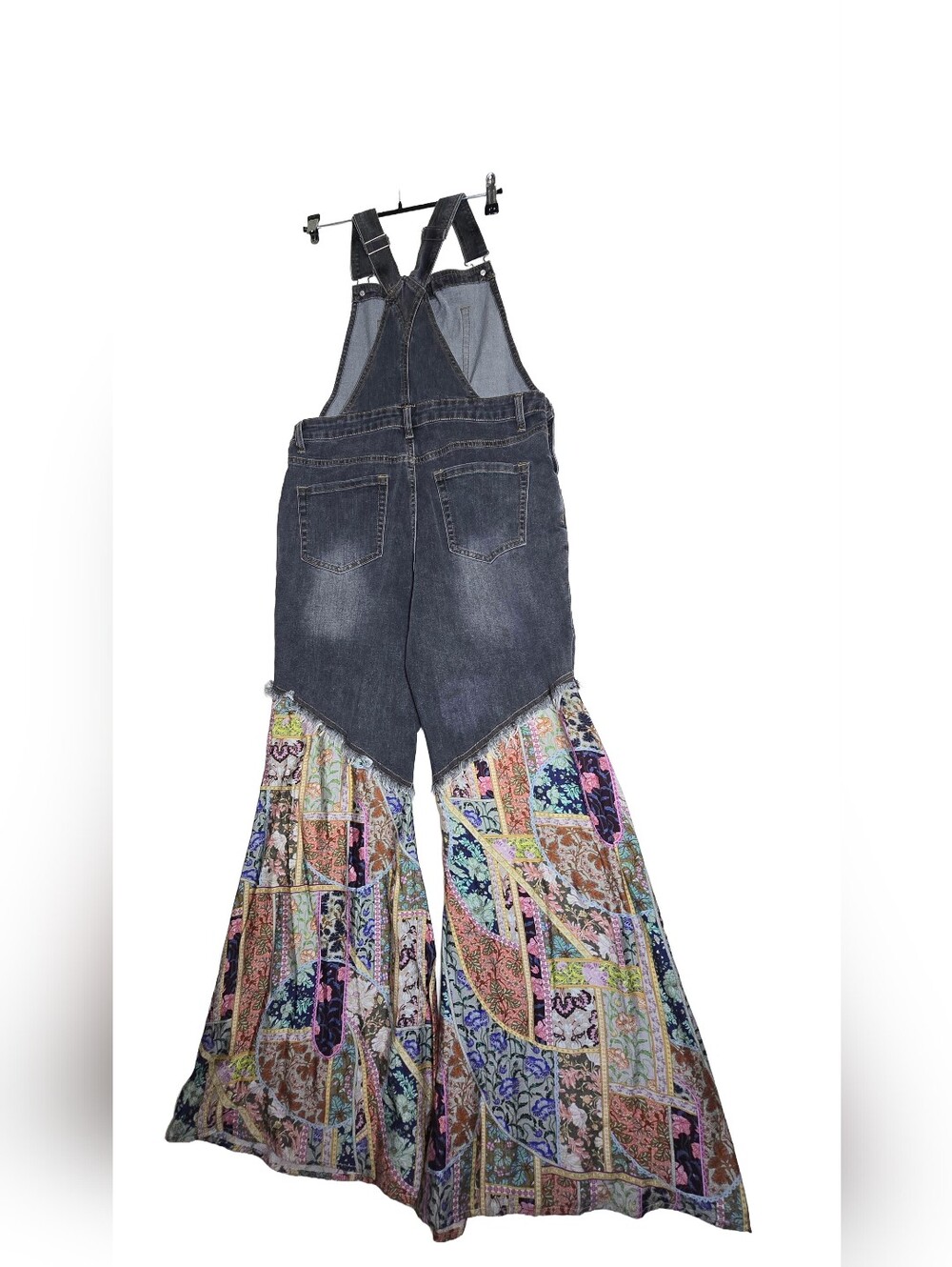 Easel Los Angeles Jean Boho Floral Festival Patchwork Flare Overalls Sz L - Picture 2 of 3